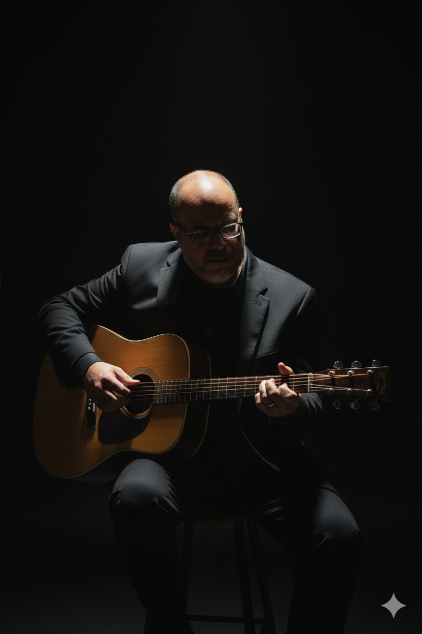 A moody portrait of a man playing an acoustic guitar in a dimly lit studio, spotlight illuminating his face and the guitar.