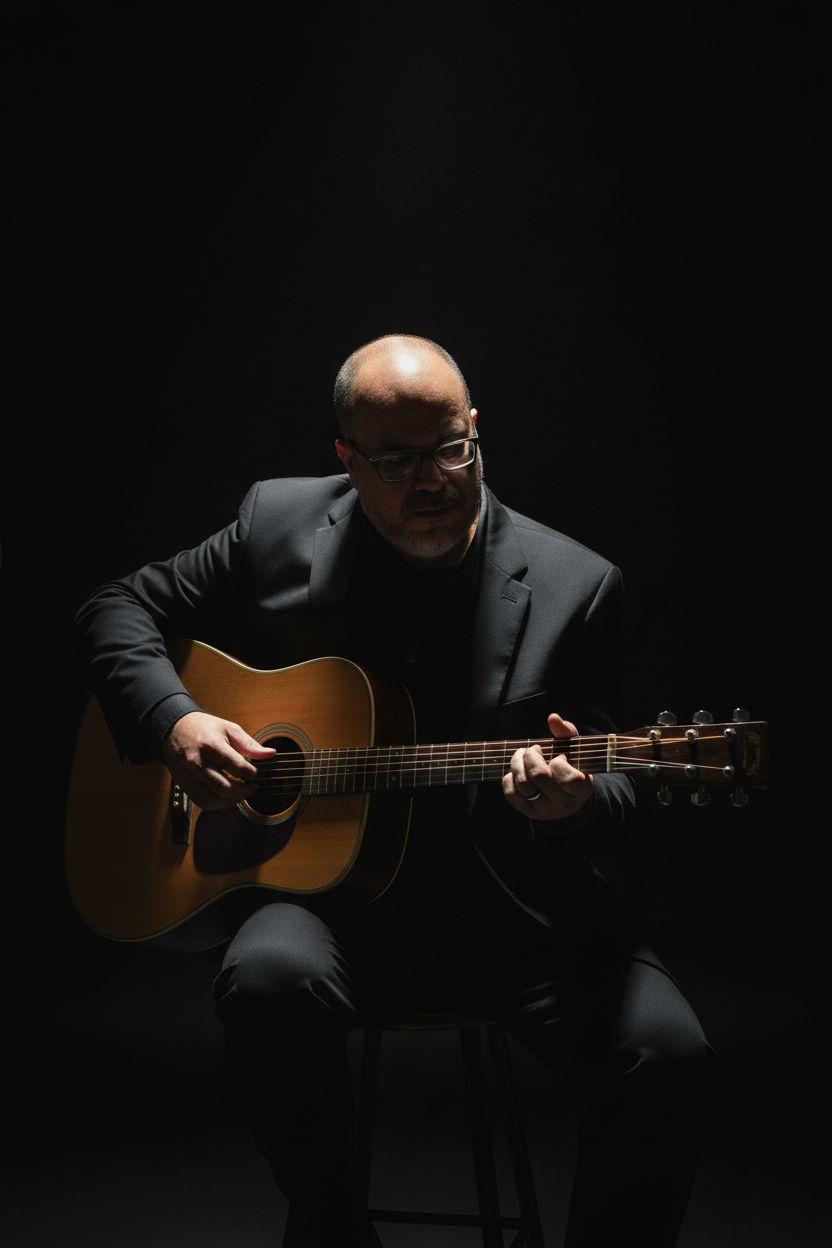 A moody portrait of a man playing an acoustic guitar in a dimly lit studio, spotlight illuminating his face and the guitar.