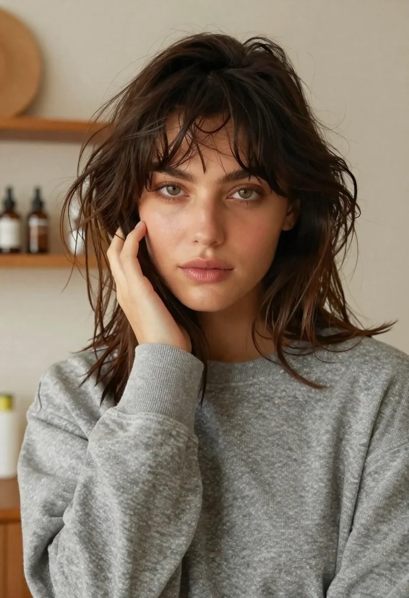 A close-up portrait of a young woman with tousled dark brown hair and soft natural light highlighting her features.
