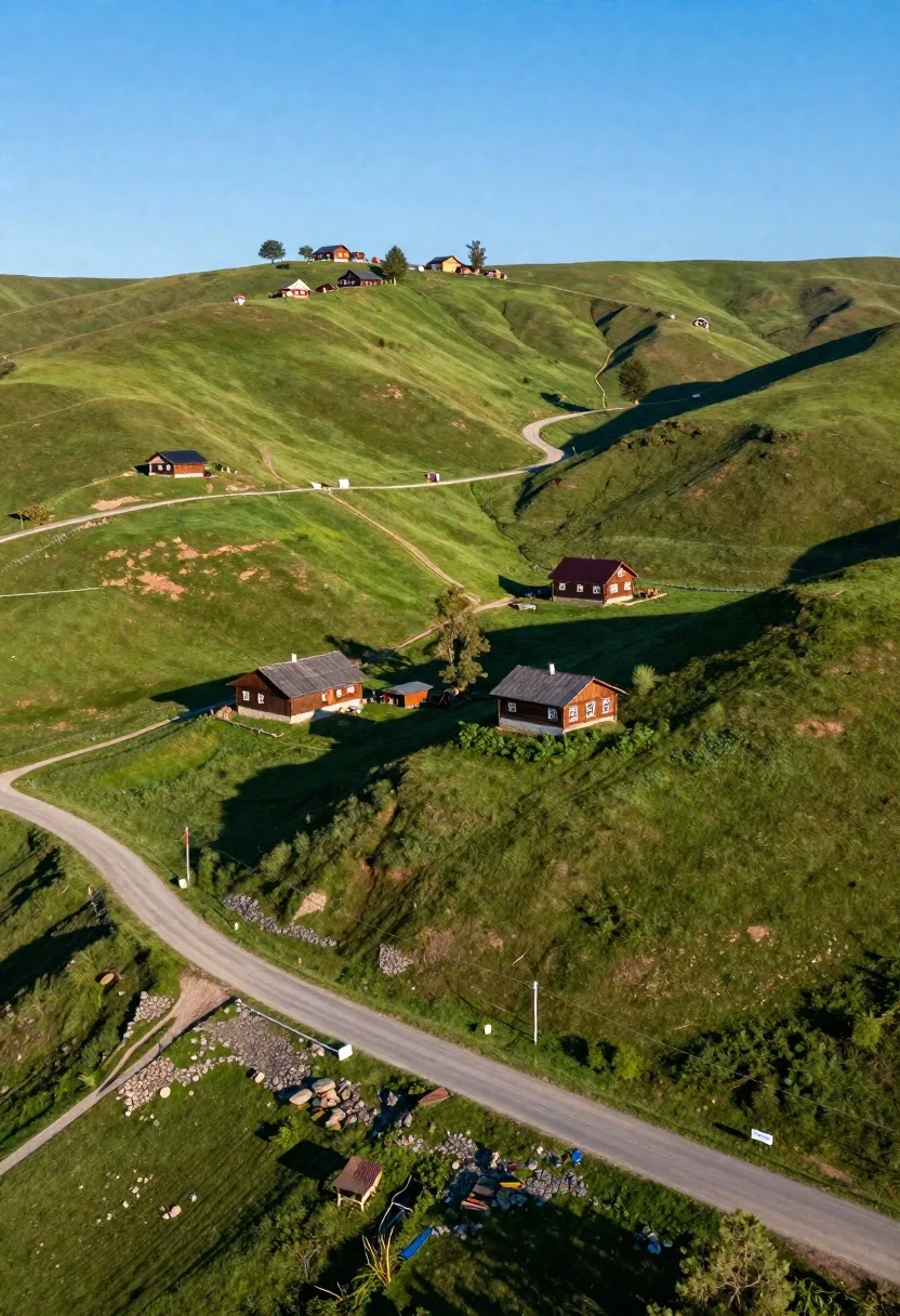 Aerial view of serene rural landscape featuring rolling green hills, traditional houses, and bright blue sky.