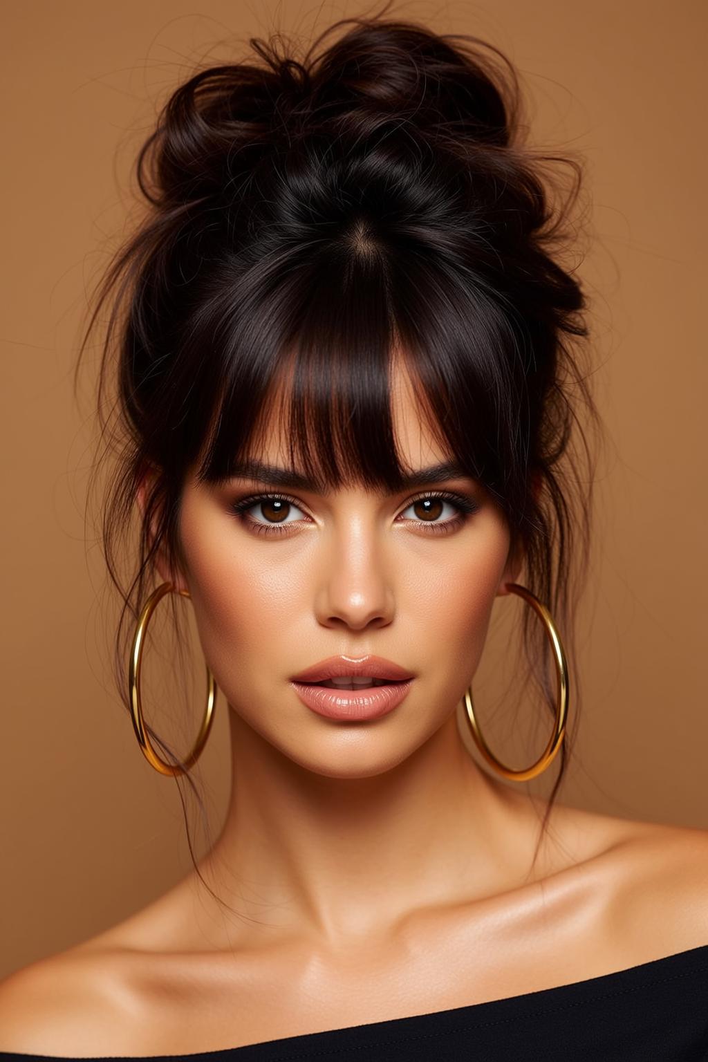Young Woman Messy Bun Gold Hoops Studio