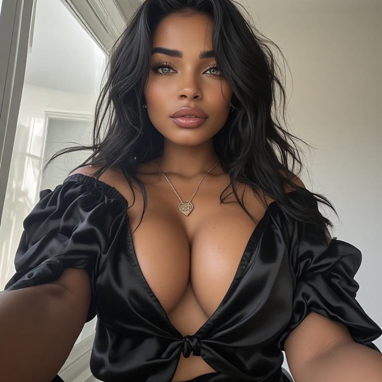 A portrait of a person in a black satin off-shoulder top in a bright indoor setting, displaying soft highlights and a neutral expression.
