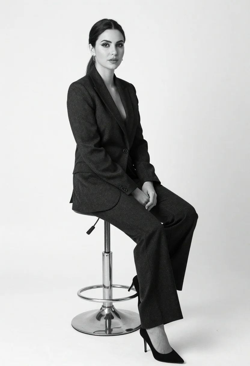 Black And White Studio Portrait Woman Seated Modern Stool Subject reference photo