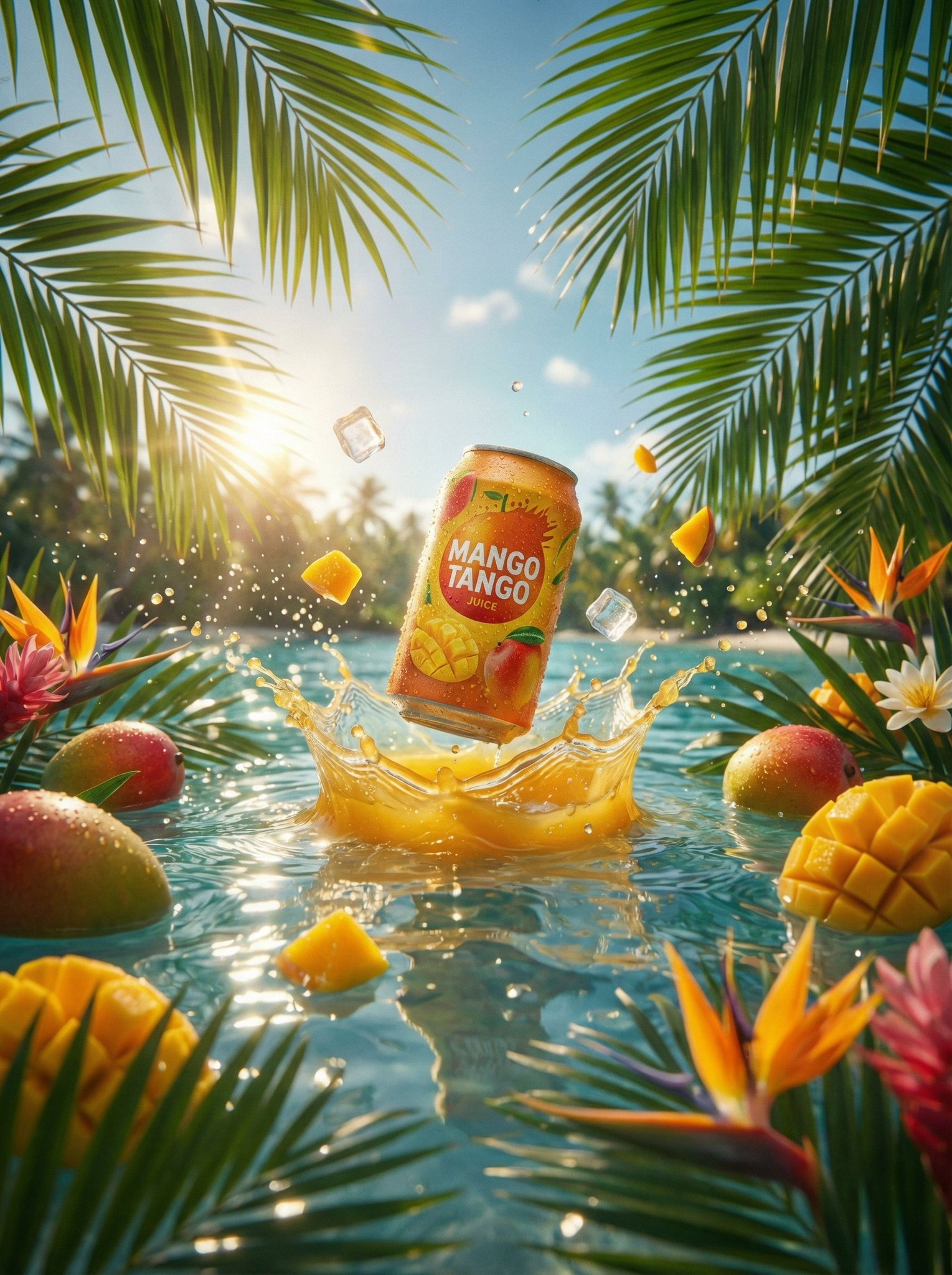 Mango Tango Juice splashing from crystal clear ocean water with golden mango juice and tropical flowers.