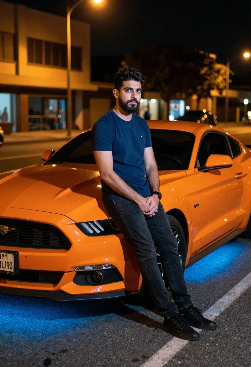 Night Photography Portrait Man Leaning Against Bright Orange Ford Mustang