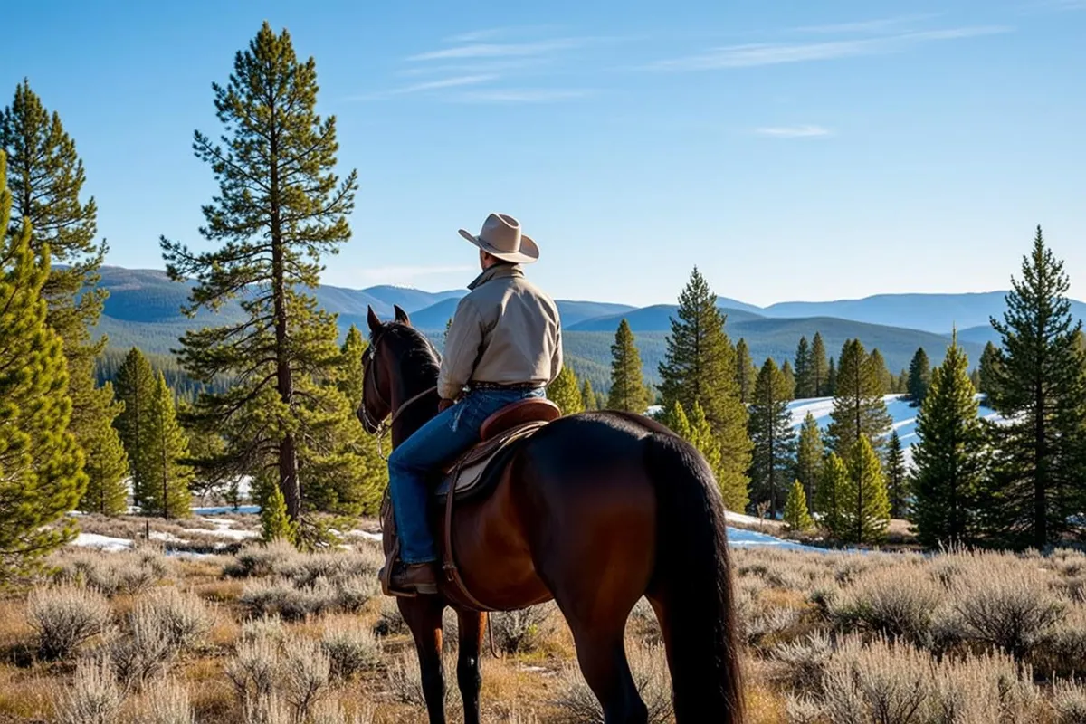 Cowgirl Seated Dark Brown Horse Viewed Rear