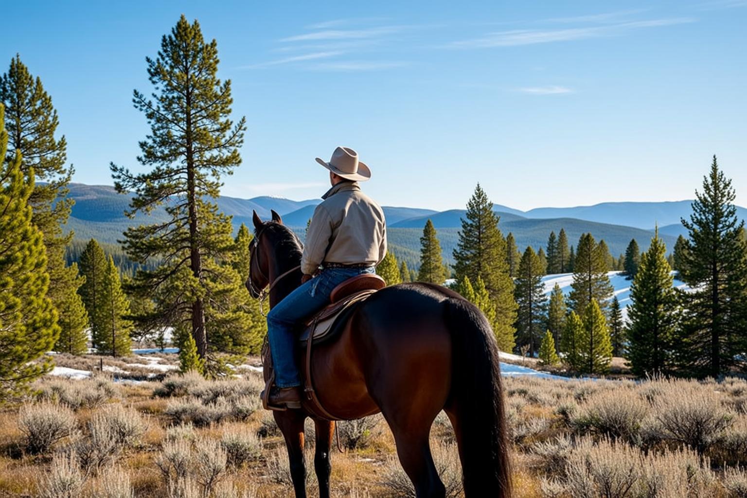 Cowgirl Seated Dark Brown Horse Viewed Rear