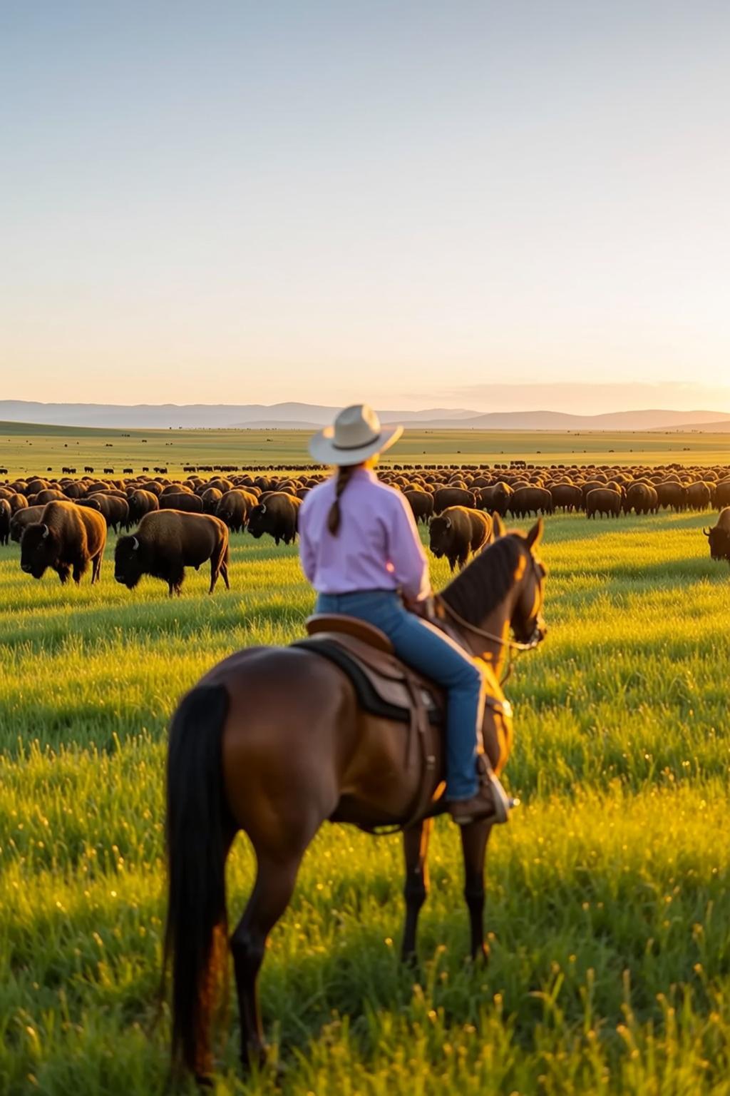 Horseback Bison Sunset Scene