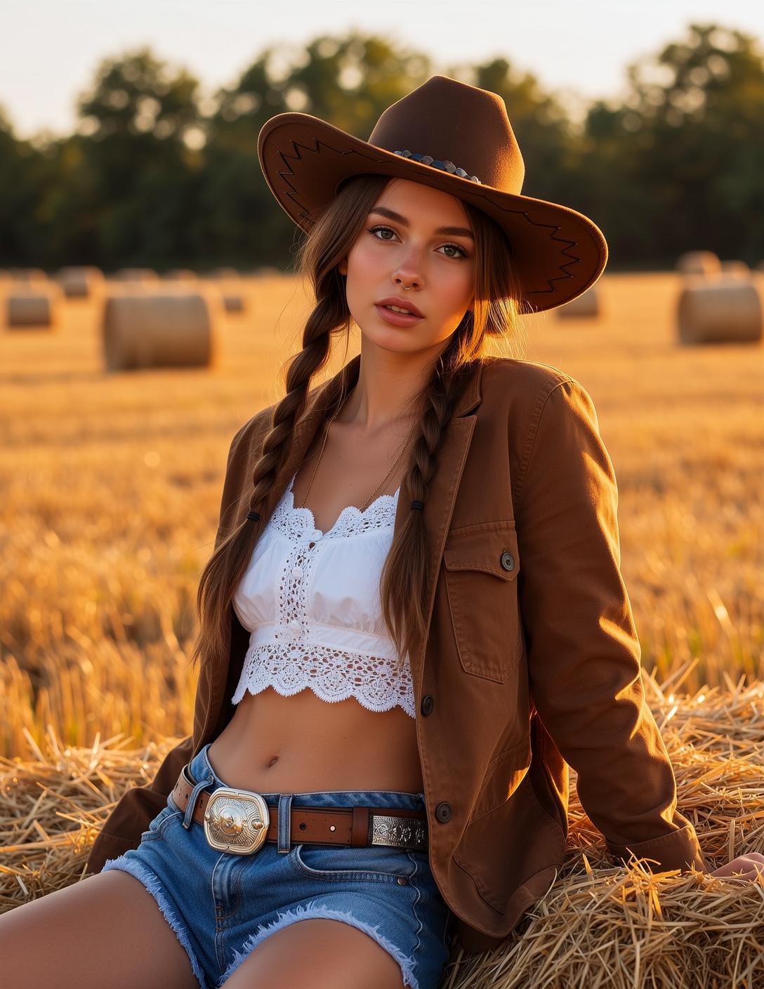 Explore Young Seated Large Hay Bale Sun-drenched