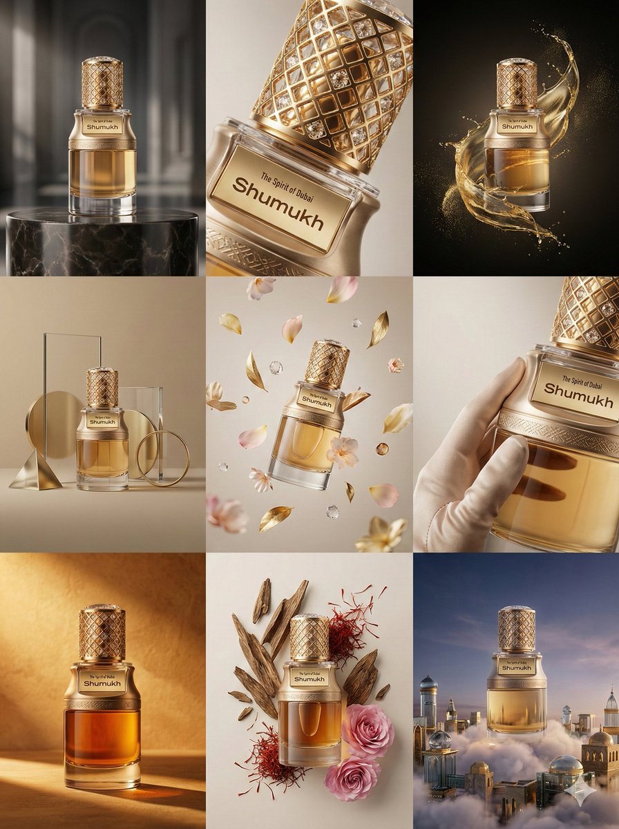 A stylish grid layout showcasing a luxury product in focus with minimalistic background and soft lighting.
