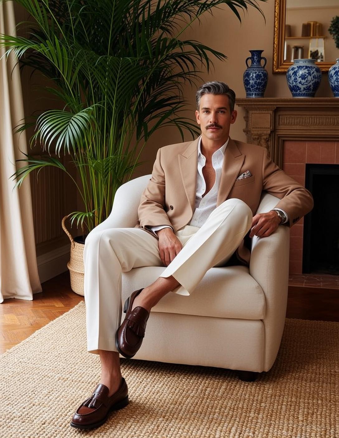 Mustache Gray Swept Back Light White Unbuttoned