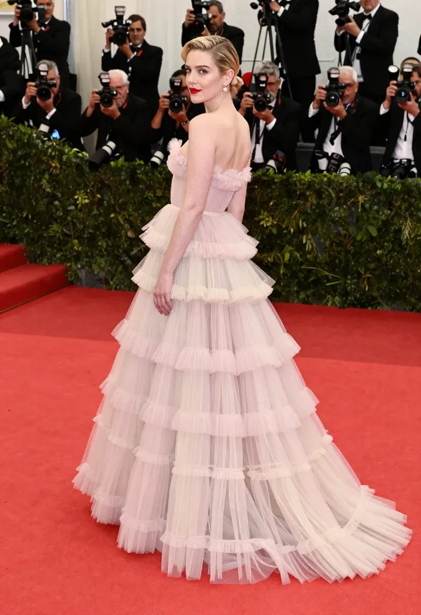 Woman Stands Red Carpet Facing Away From The Camera While