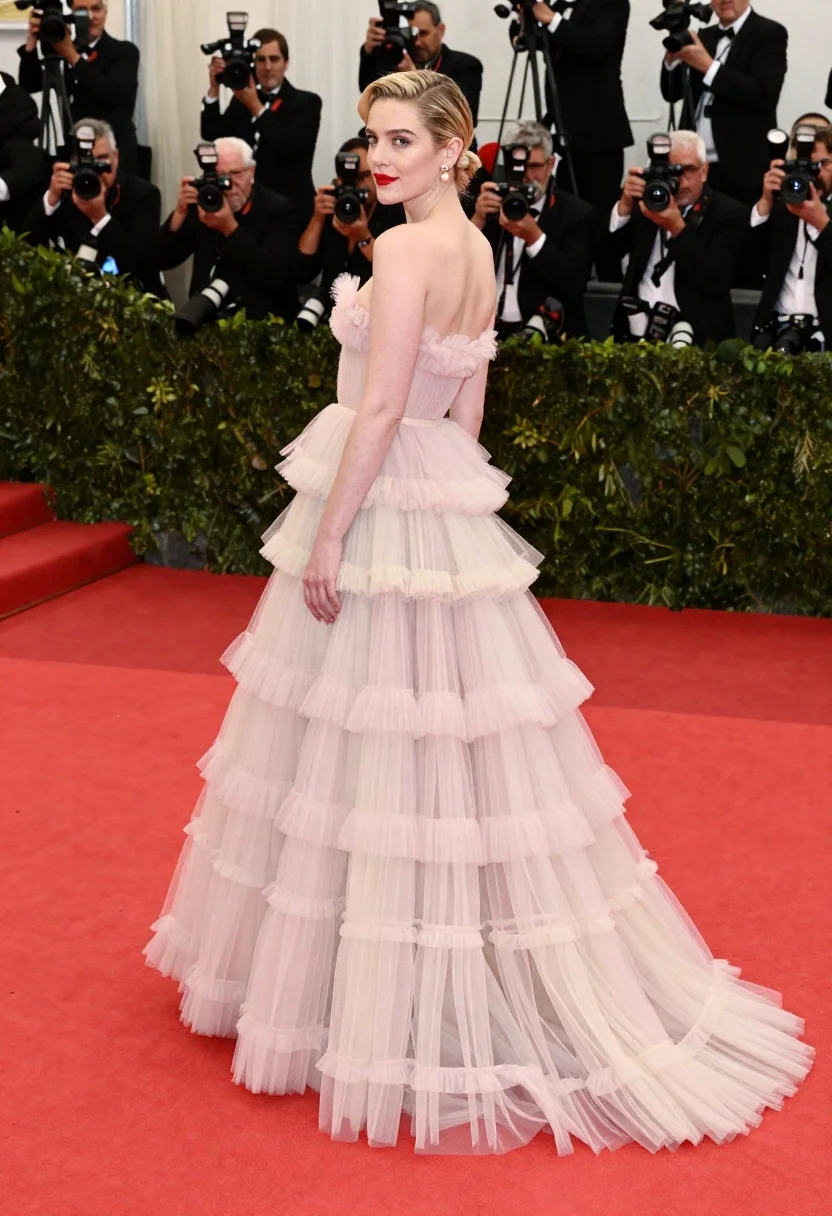 Woman Stands Red Carpet Facing Away From The Camera While reference photo