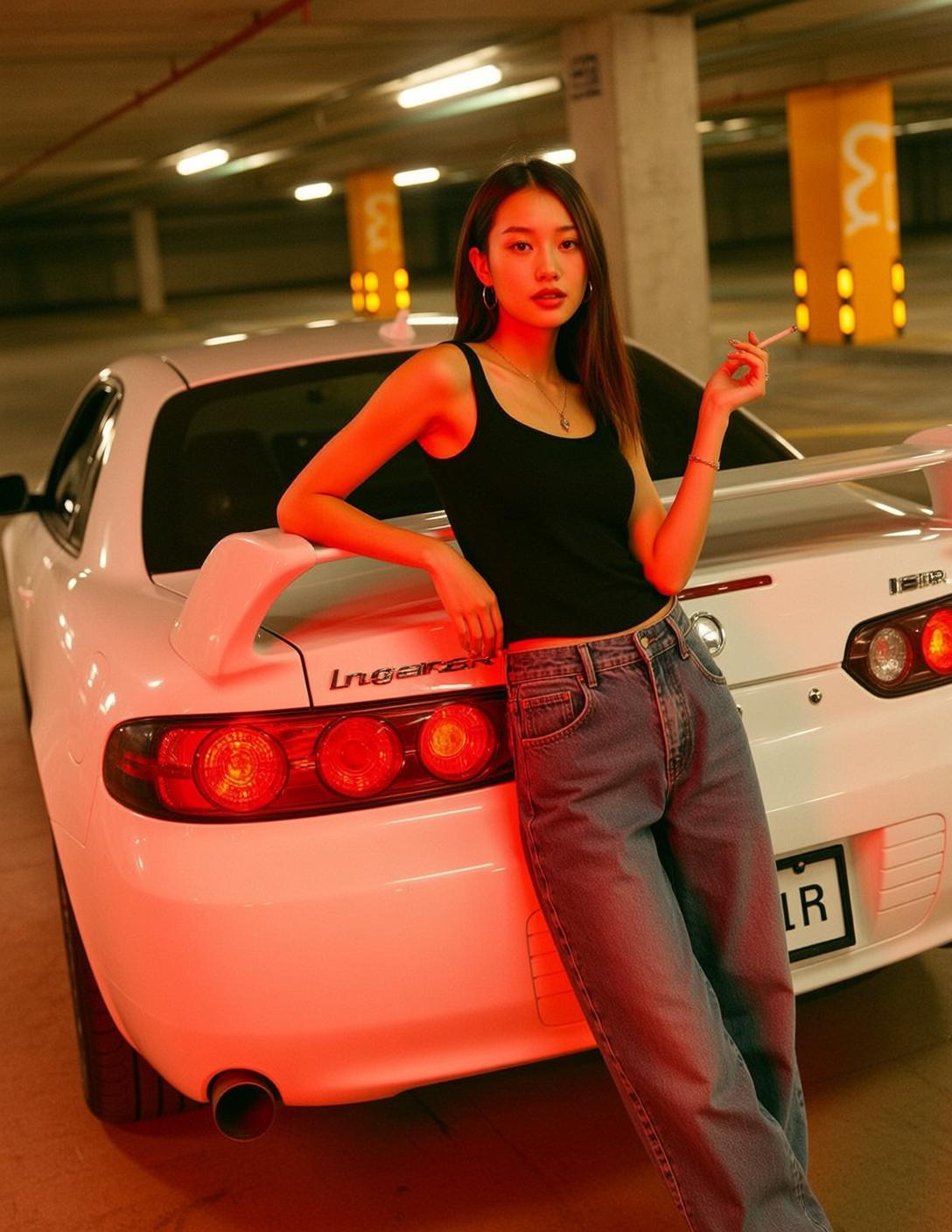 Black Tank Top Blue Jeans Red Ambient Lighting Concrete Floor