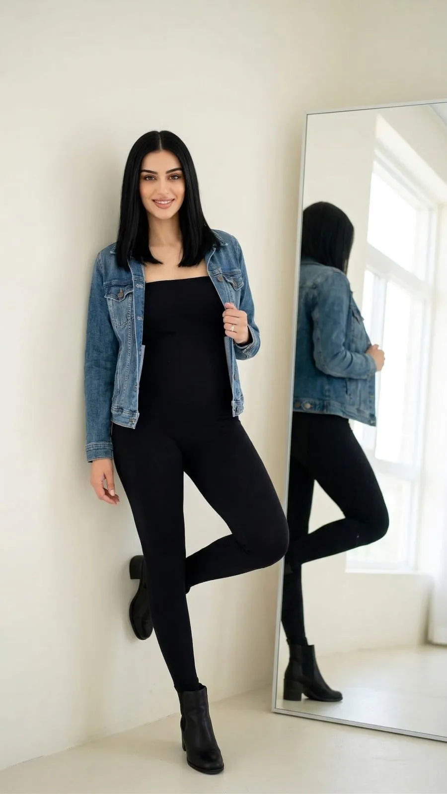 Black Jumpsuit And Denim Jacket By Mirror