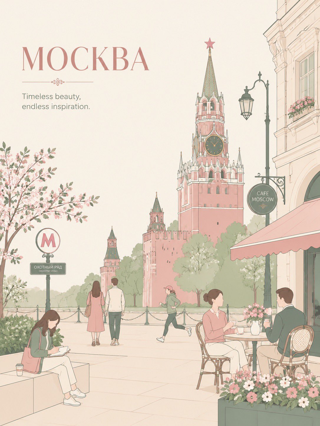 Moscow Street Scene Illustration With Spasskaya Tower