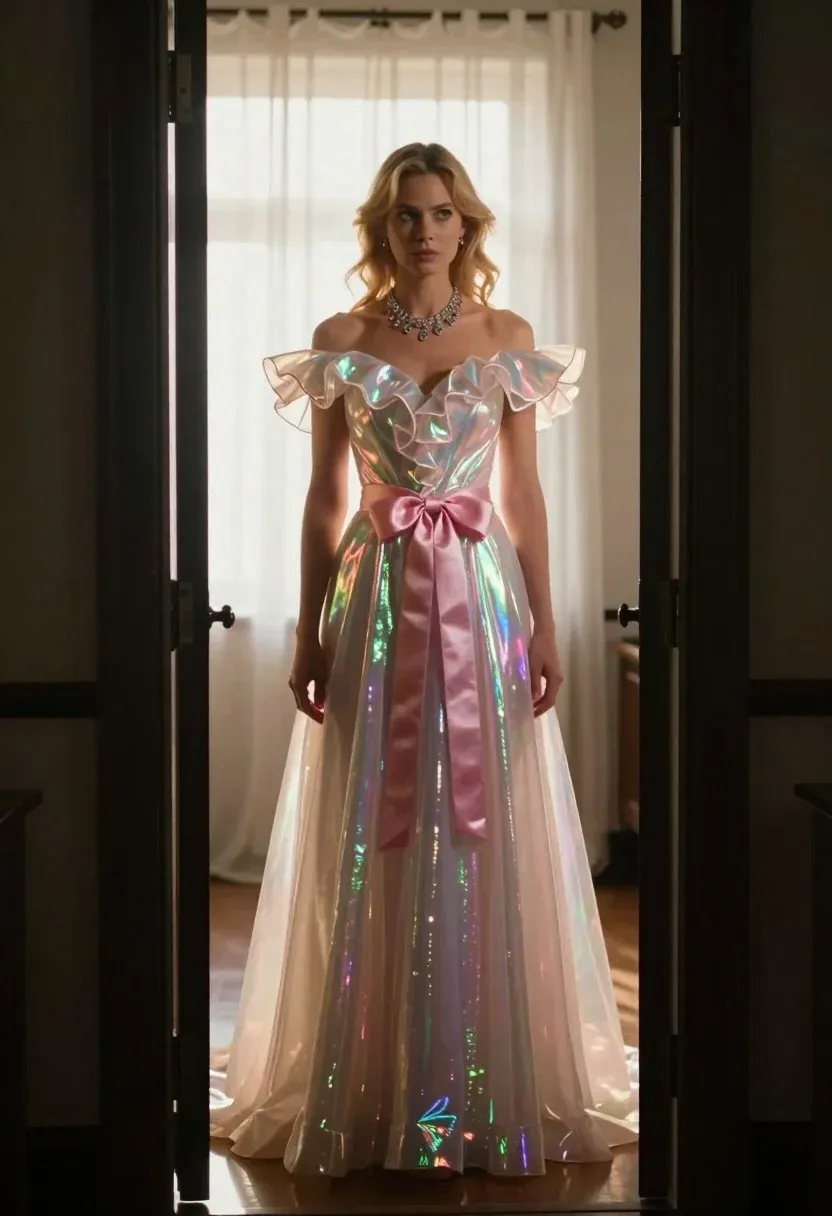 Woman Stands Doorway Wearing Elaborate Iridescent Gown With Voluminous Ruffled