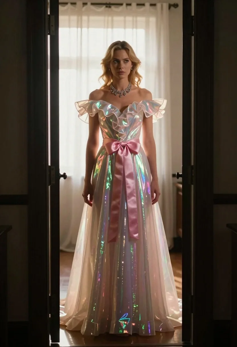 Woman Stands Doorway Wearing Elaborate Iridescent Gown With Voluminous Ruffled reference photo