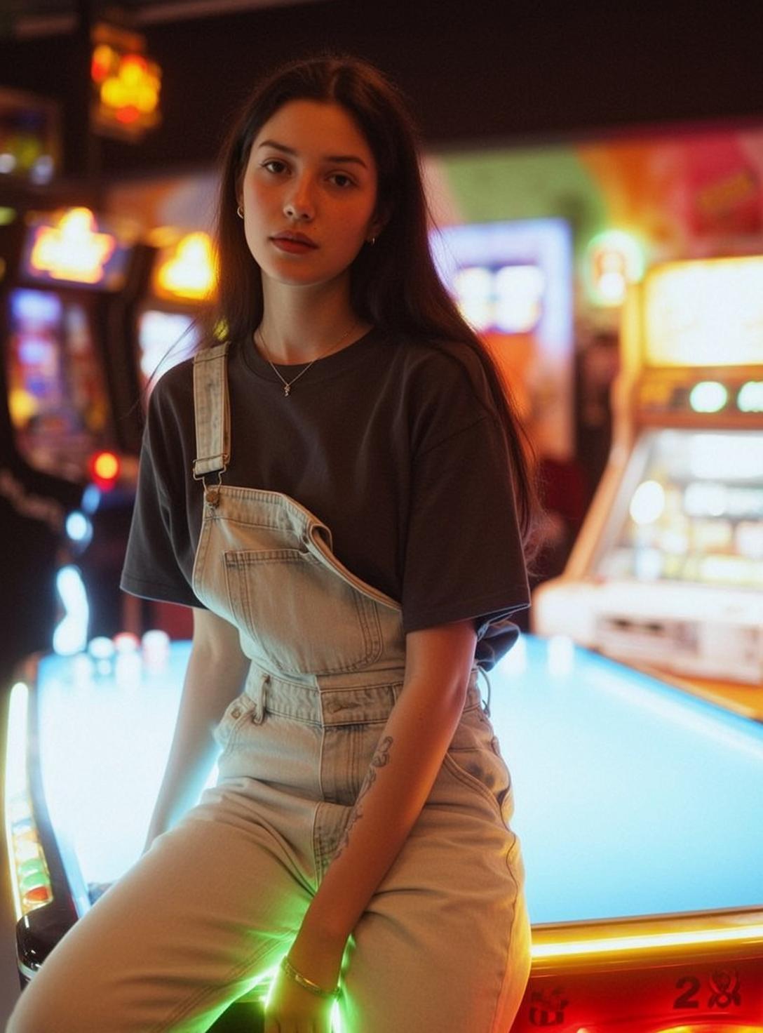 Denim Overalls Woman Seated Neutral Expression