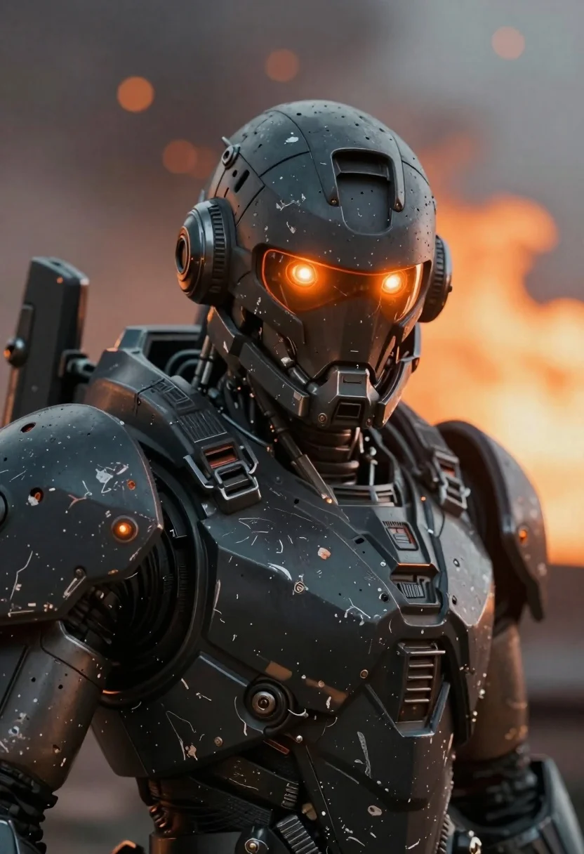 Subject Close-up Weathered Mecha Warrior With Glowing Orange Eyes And reference photo