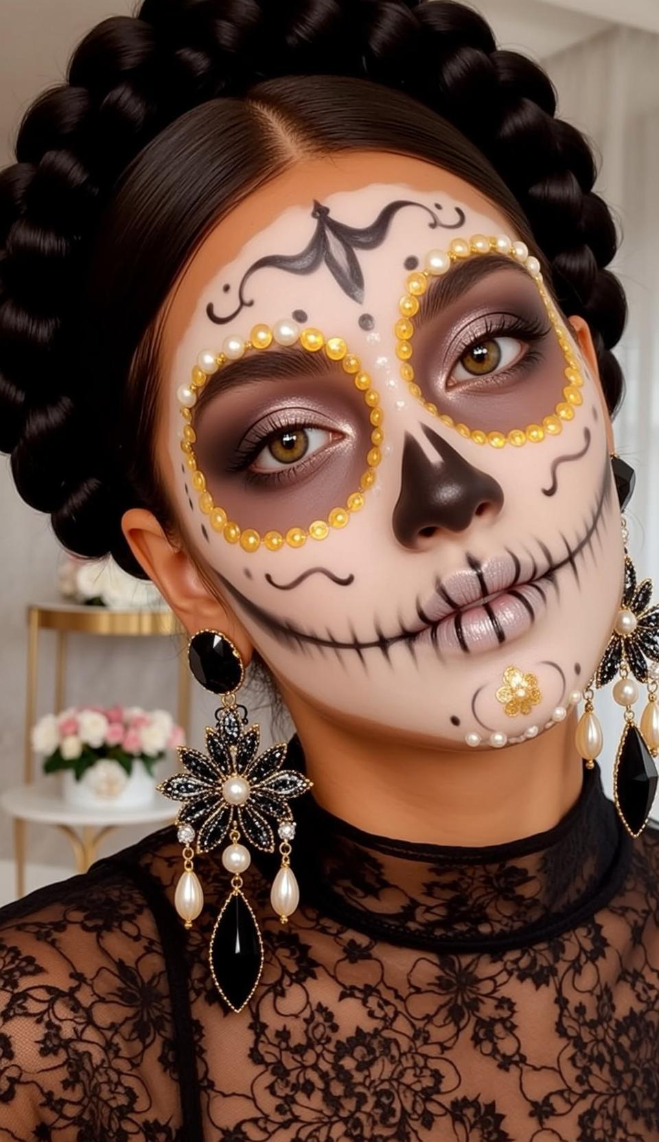 Halloween Makeup Sugar Skull Black Braided Styled
