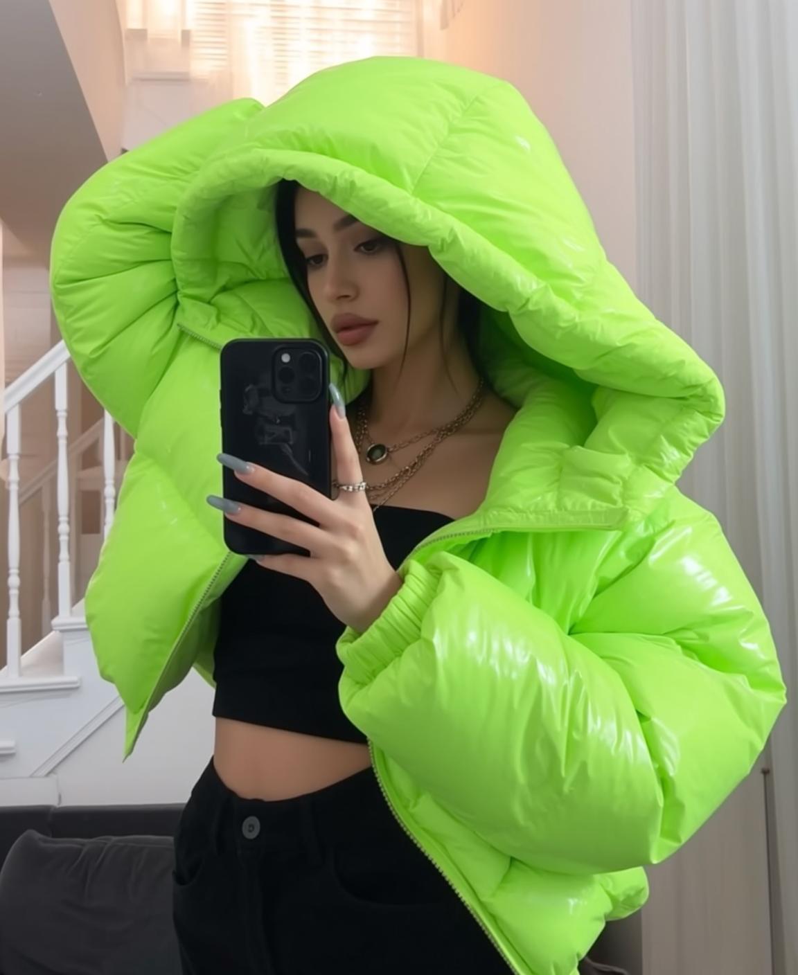 Neon Puffer Jacket Selfie