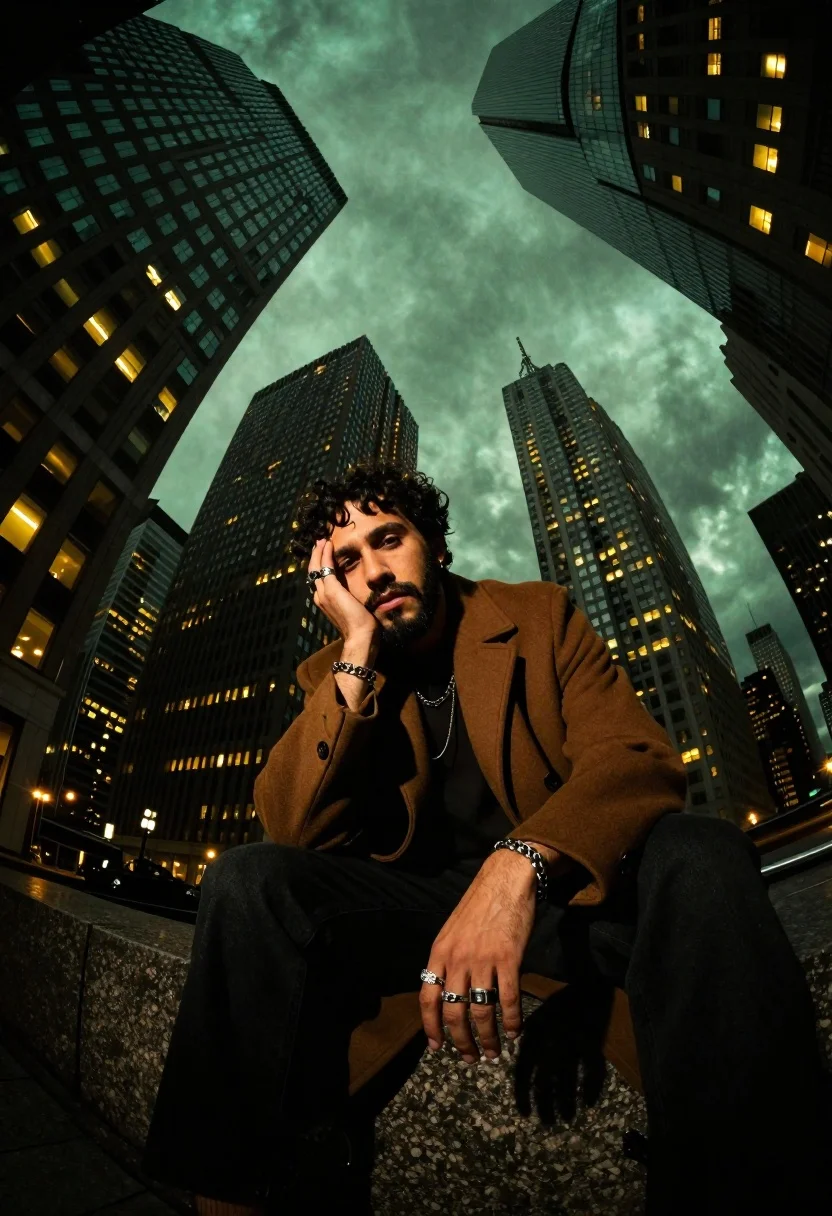 Man With Curly Dark Hair And Beard Sits Stone Ledge