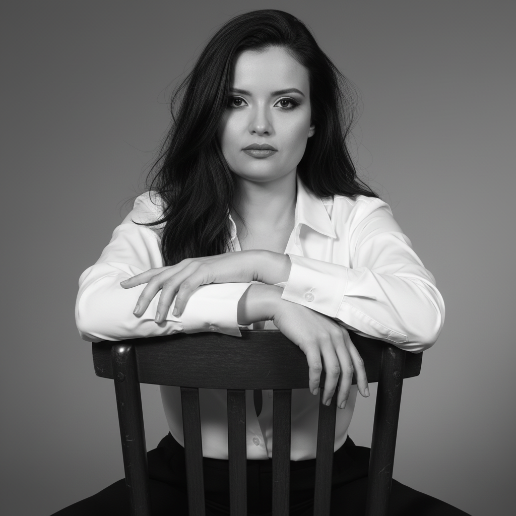 A confident model in a white dress shirt, seated on an upside-down wooden chair, exuding intensity and elegance in black and white.