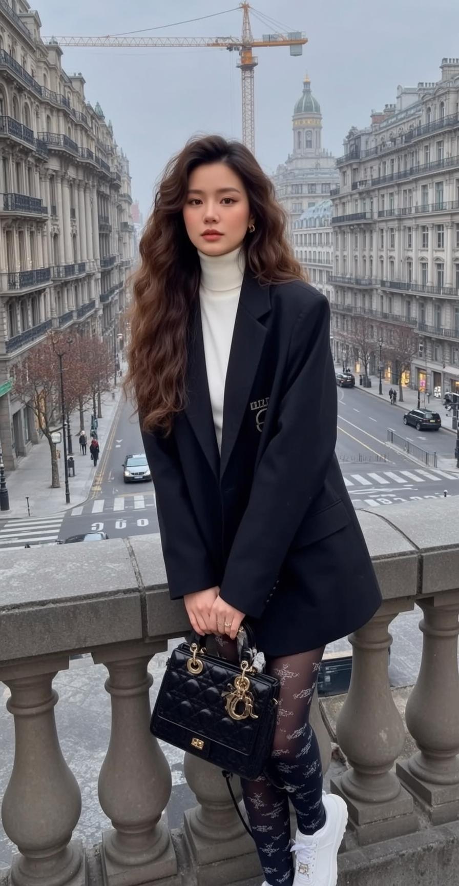 Asian Woman City Street Black Blazer Gold Handbag