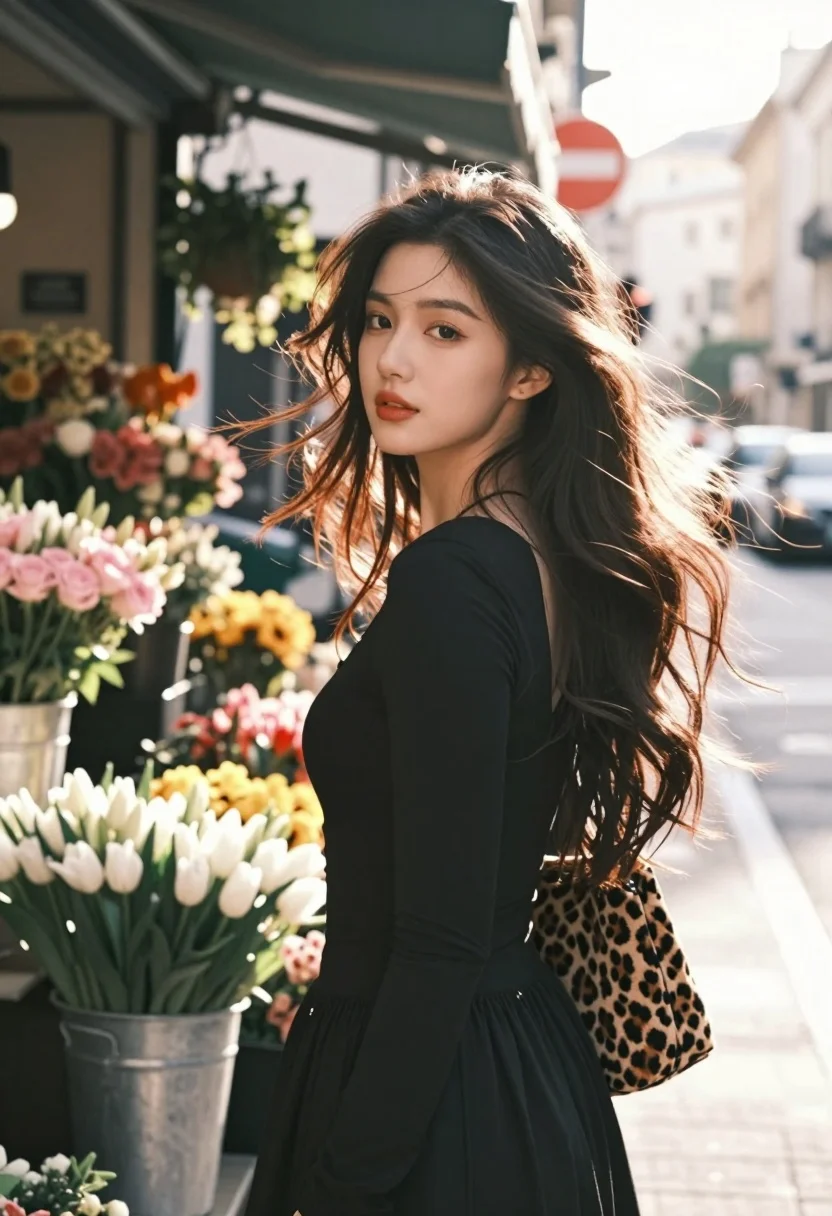 Young Woman With Long Flowing Dark Hair Stands Sunlit Street