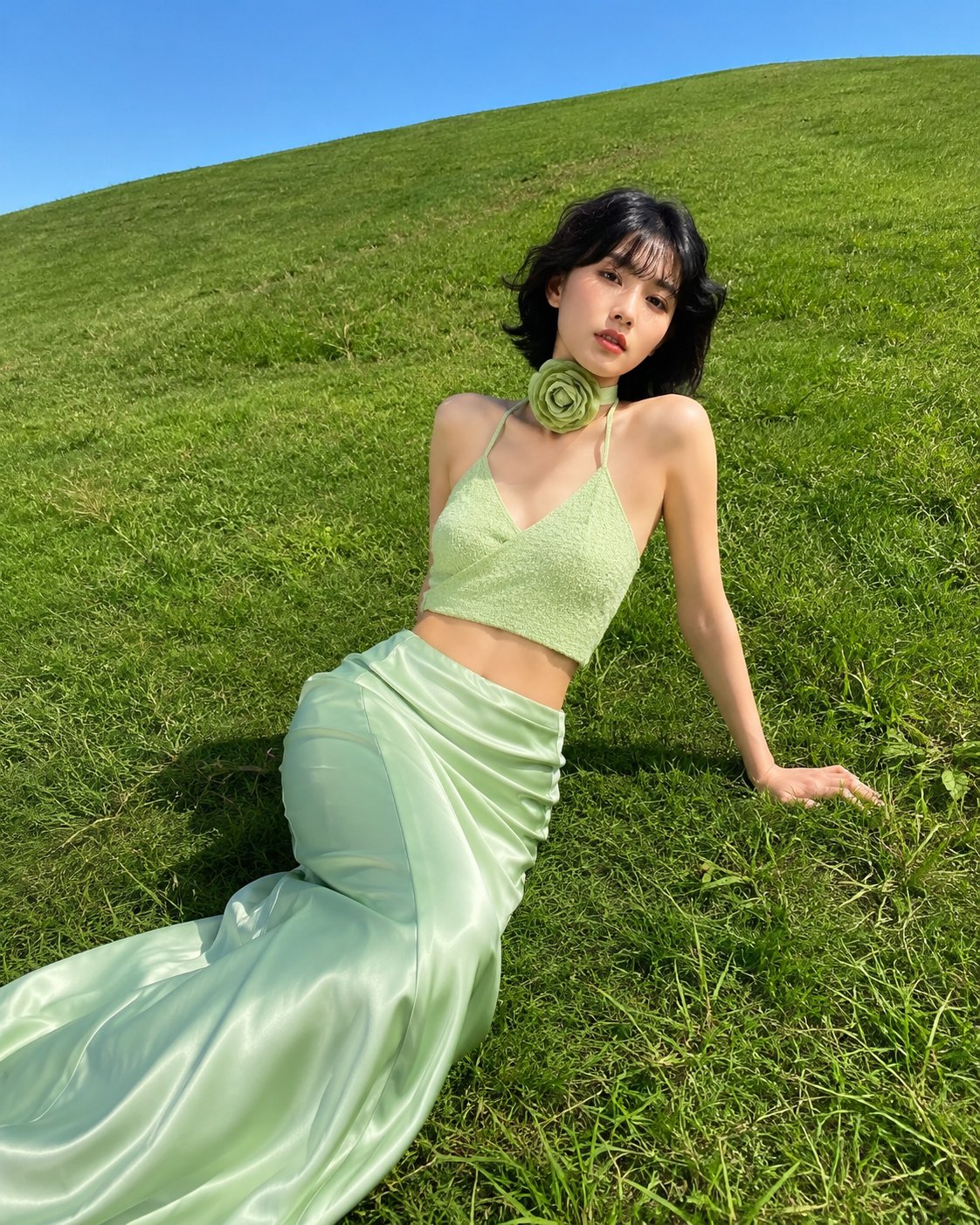 Reclining On Grassy Hillside Pastel Green Outfit