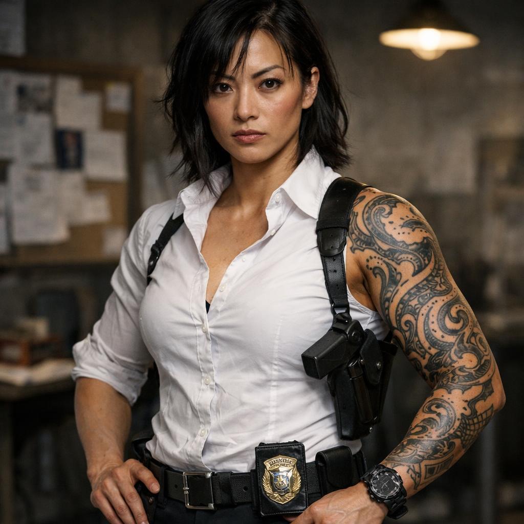 Woman in industrial office with tactical gear and badge tattoo