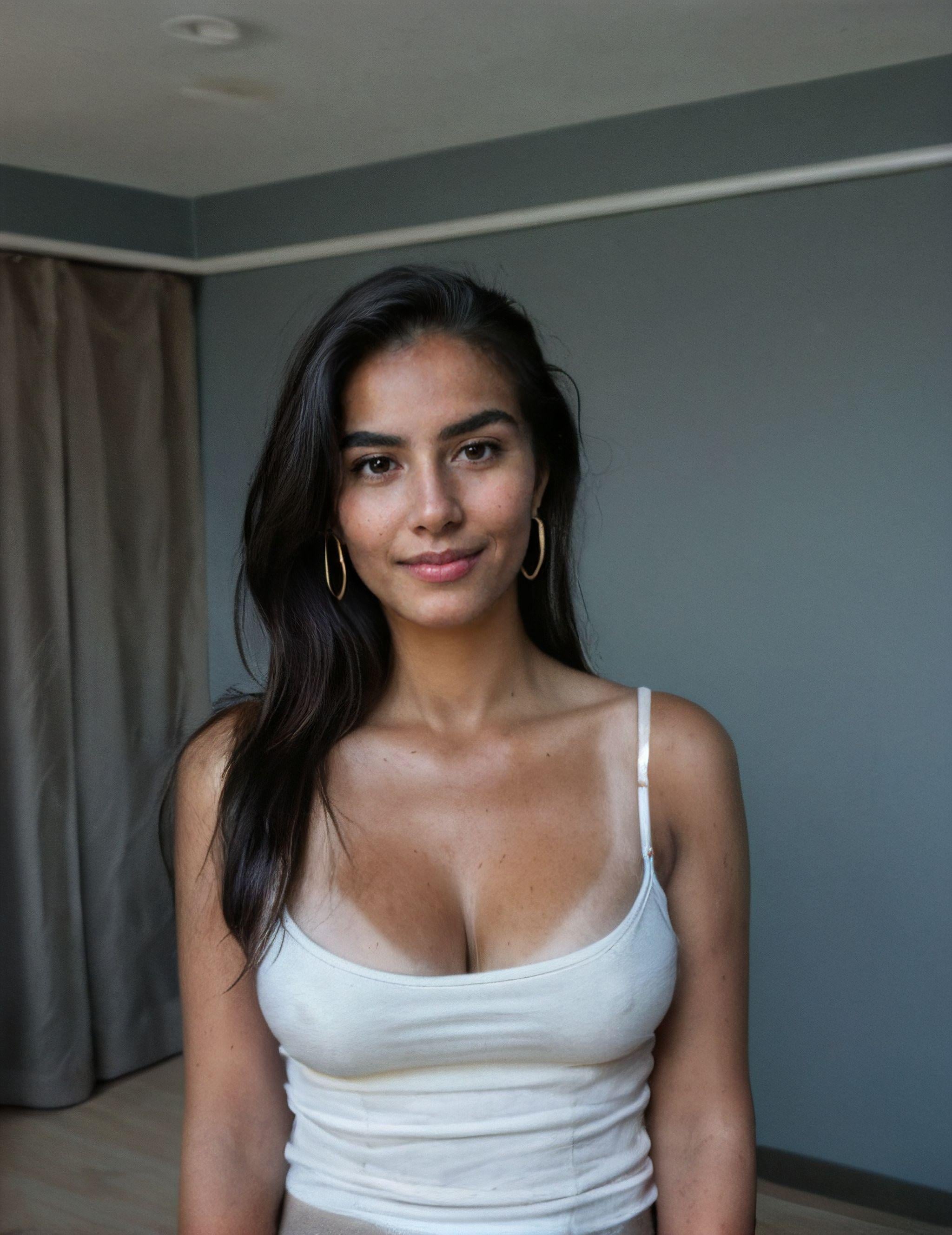 Medium close-up portrait of a person in a white top, standing in a room with muted blue-grey walls, soft lighting accentuating their features.