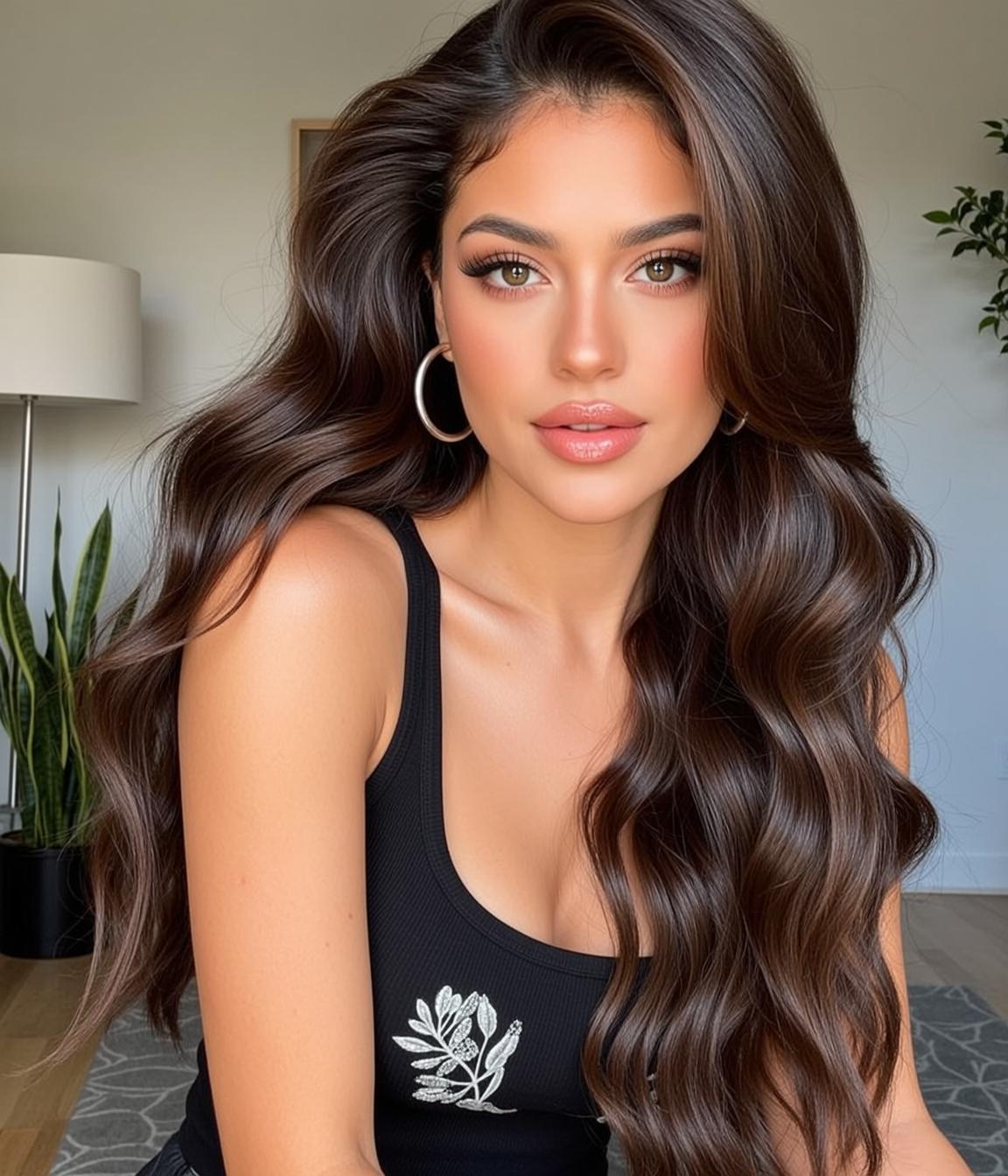 Hair Salon Young Long Wavy Dark Brown