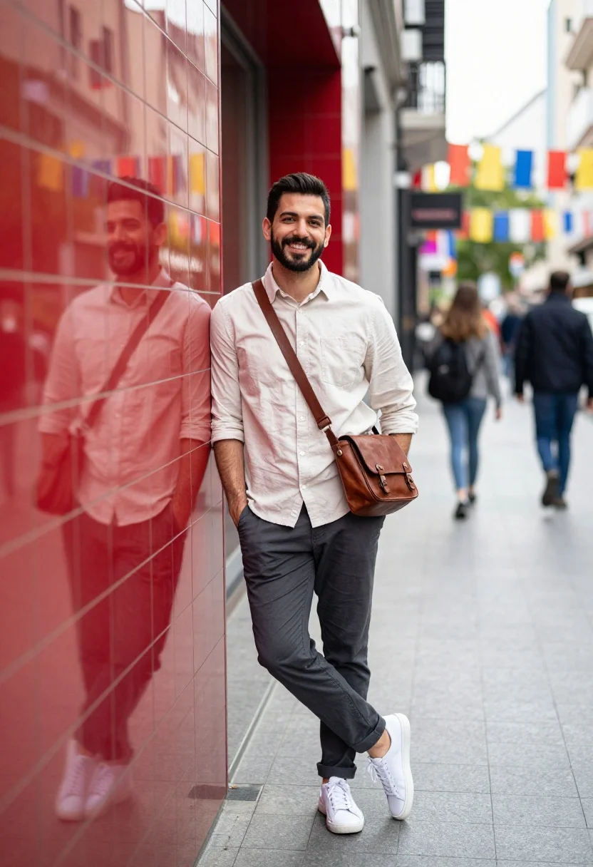 Confident Man With Dark Hair And Beard Leans Casually Against