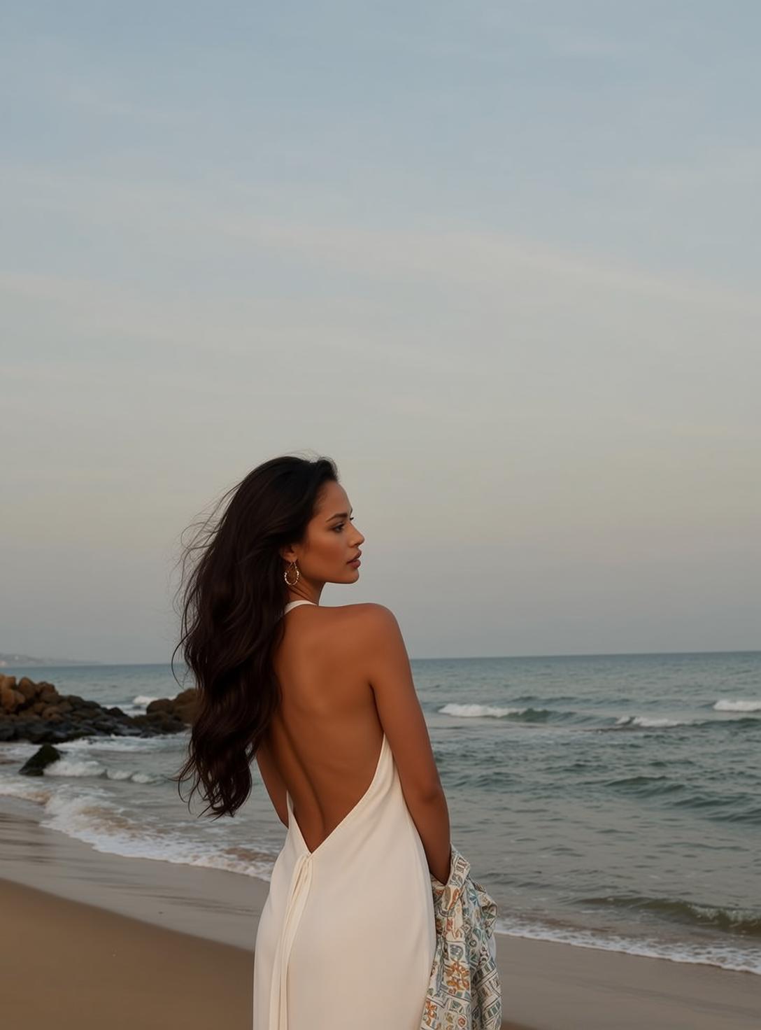 Patterned Scarf Draped White Halter Neck Beach Wet Sand Ocean