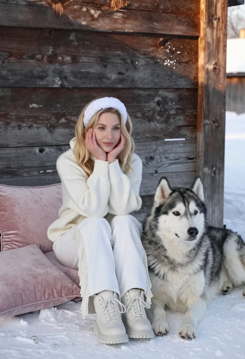 Young Woman With Blonde Hair Sits The Snow Next Large