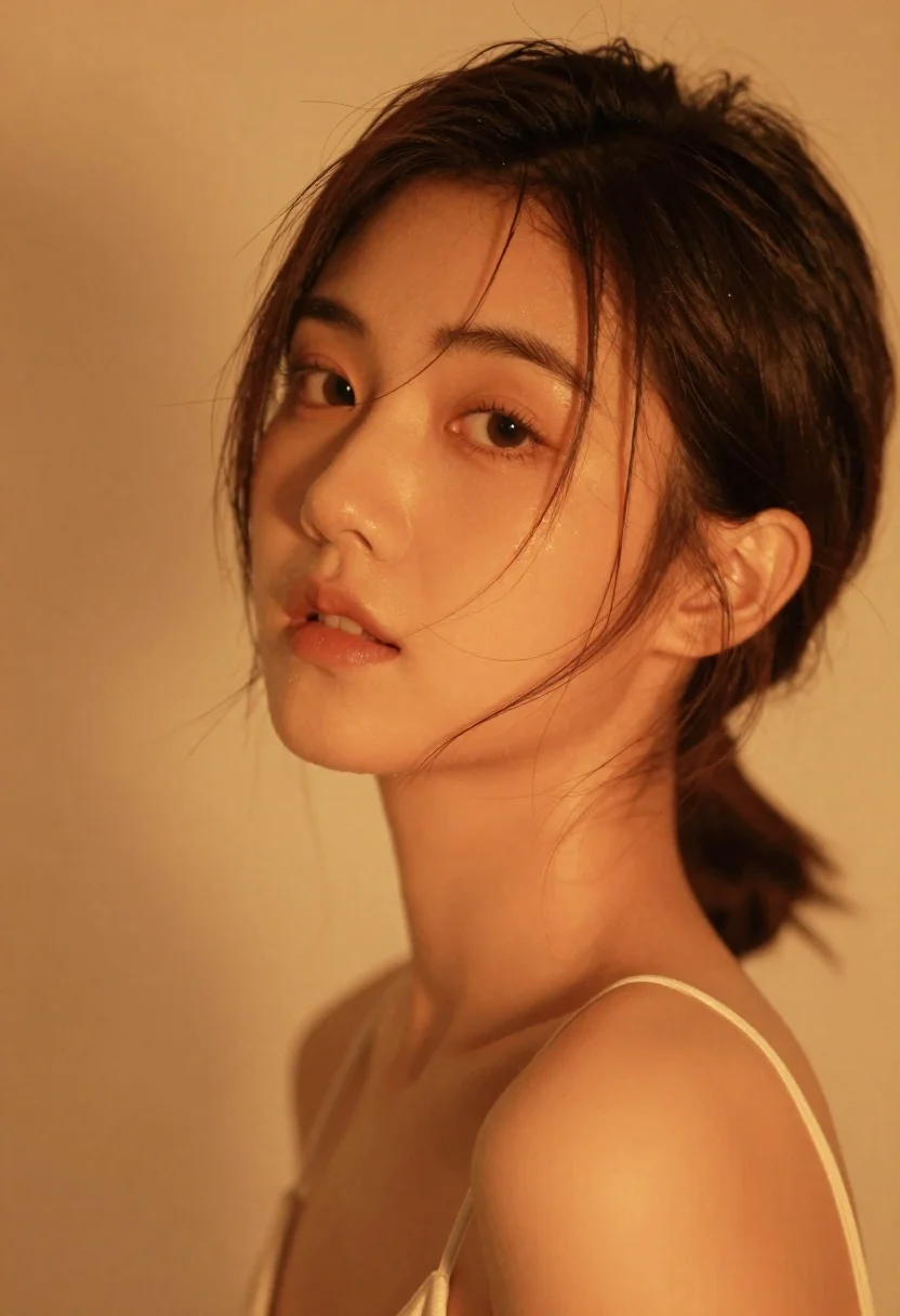 Soft-focus Portrait Young Woman Bathed Warm Monochromatic Orange Light Subject reference photo
