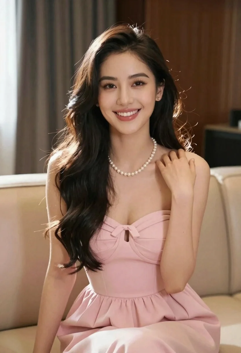 Smiling Woman With Long Dark Wavy Hair Sits Soft Pink reference photo