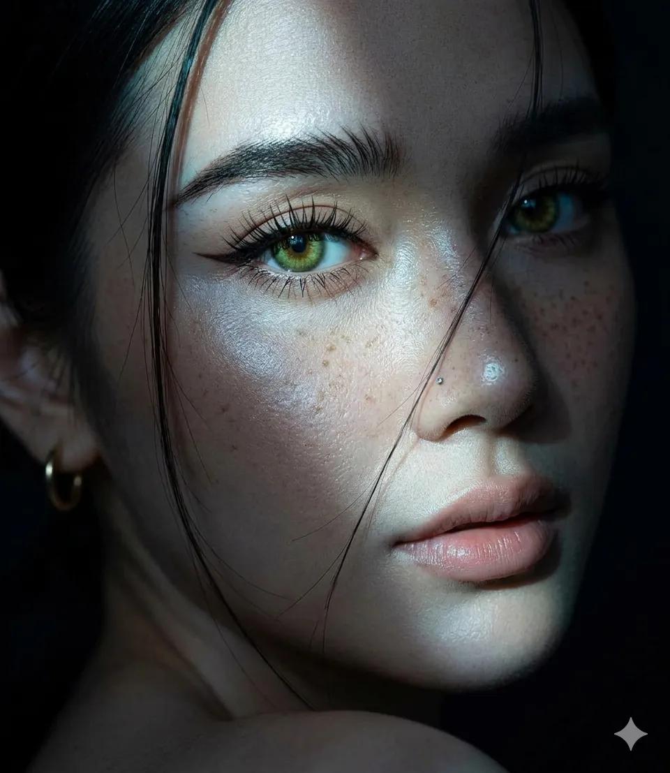 Close-up portrait of a woman with green eyes, winged eyeliner and freckles, looking back with a dramatic lighting effect.