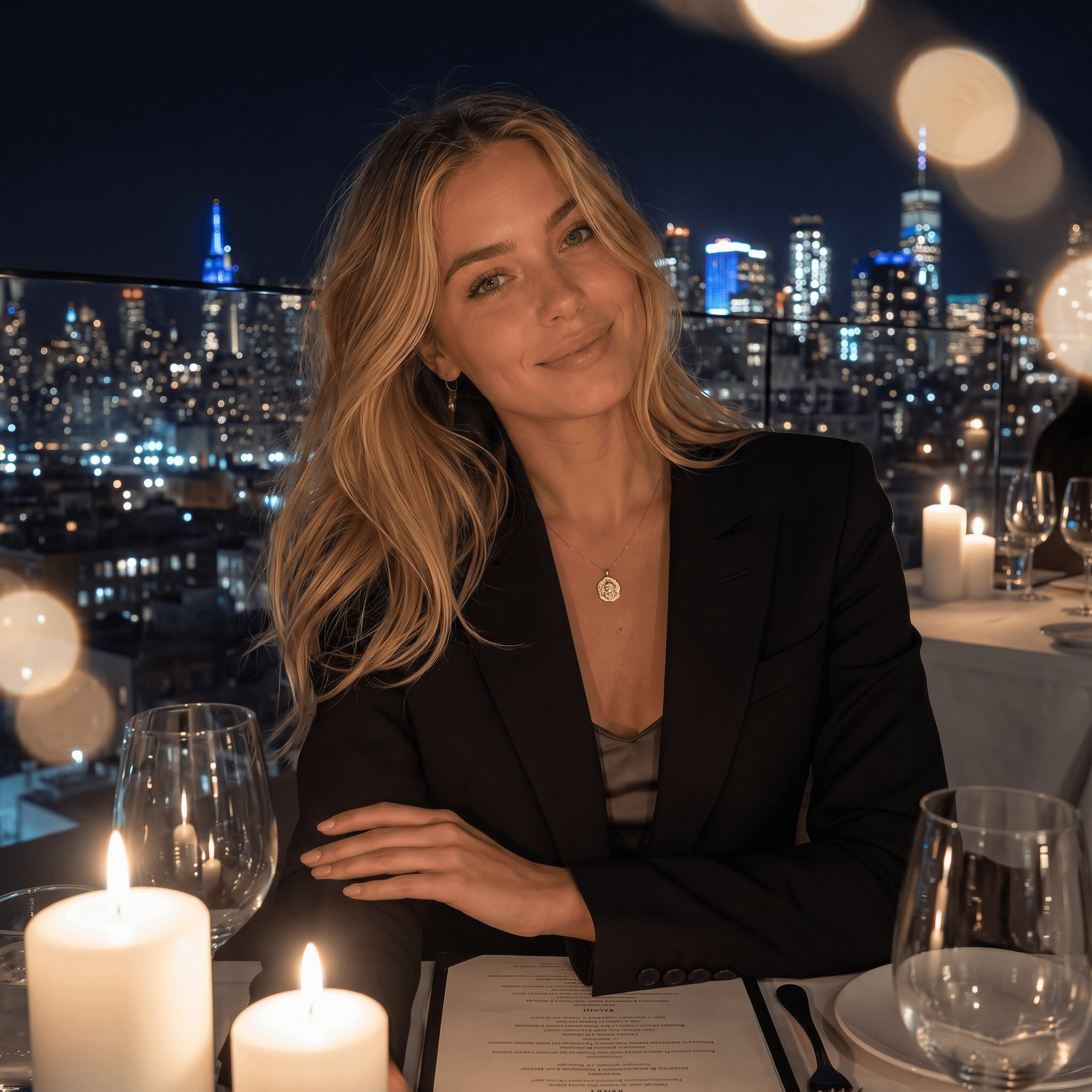 Sophisticated evening portrait of a person in a tailored black suit at a rooftop lounge with warm ambient lighting and a city skyline.