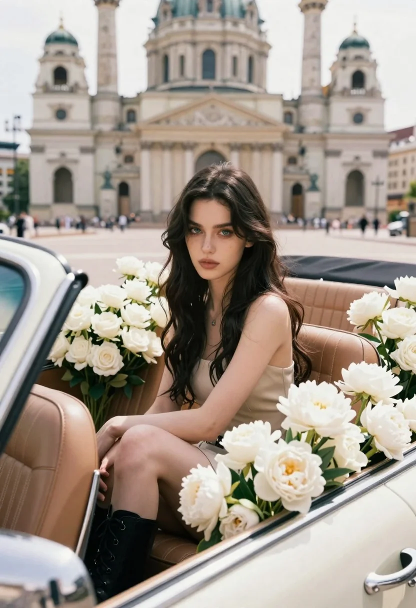 Young woman with long dark wavy hair sitting in a vintage convertible car surrounded by white roses and peonies in soft daylight.