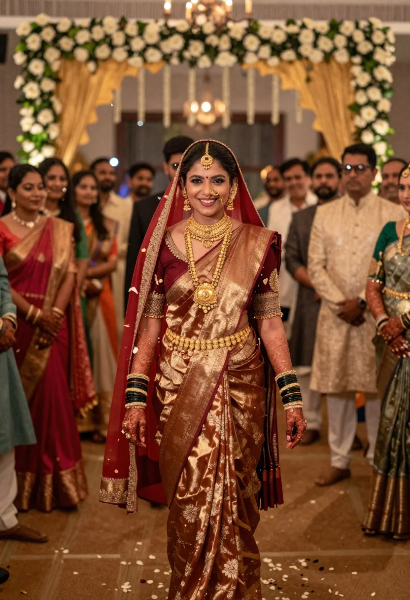 Smiling Bride Walks Down Decorated Aisle While Flower Petals Rain reference photo