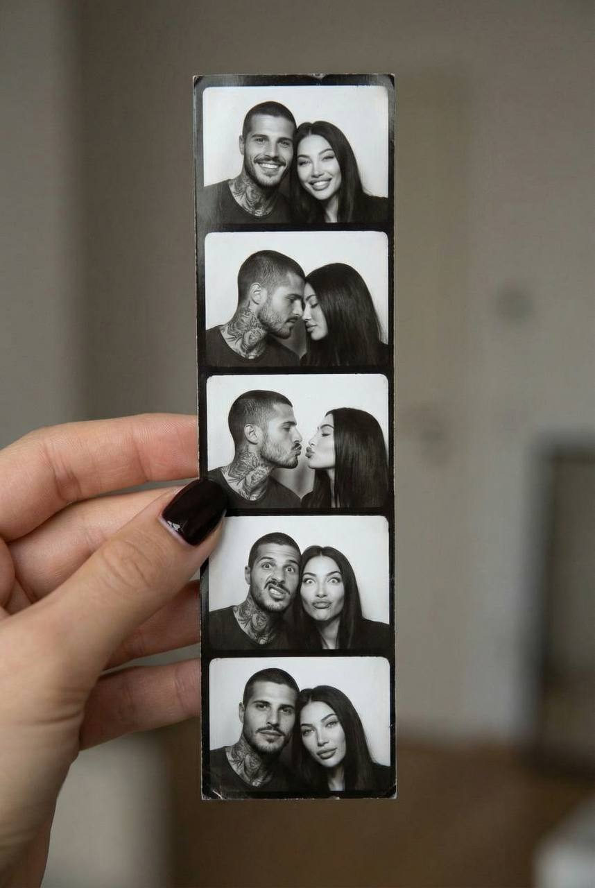 A hand holding a vintage black-and-white photobooth strip featuring a couple with different playful expressions.