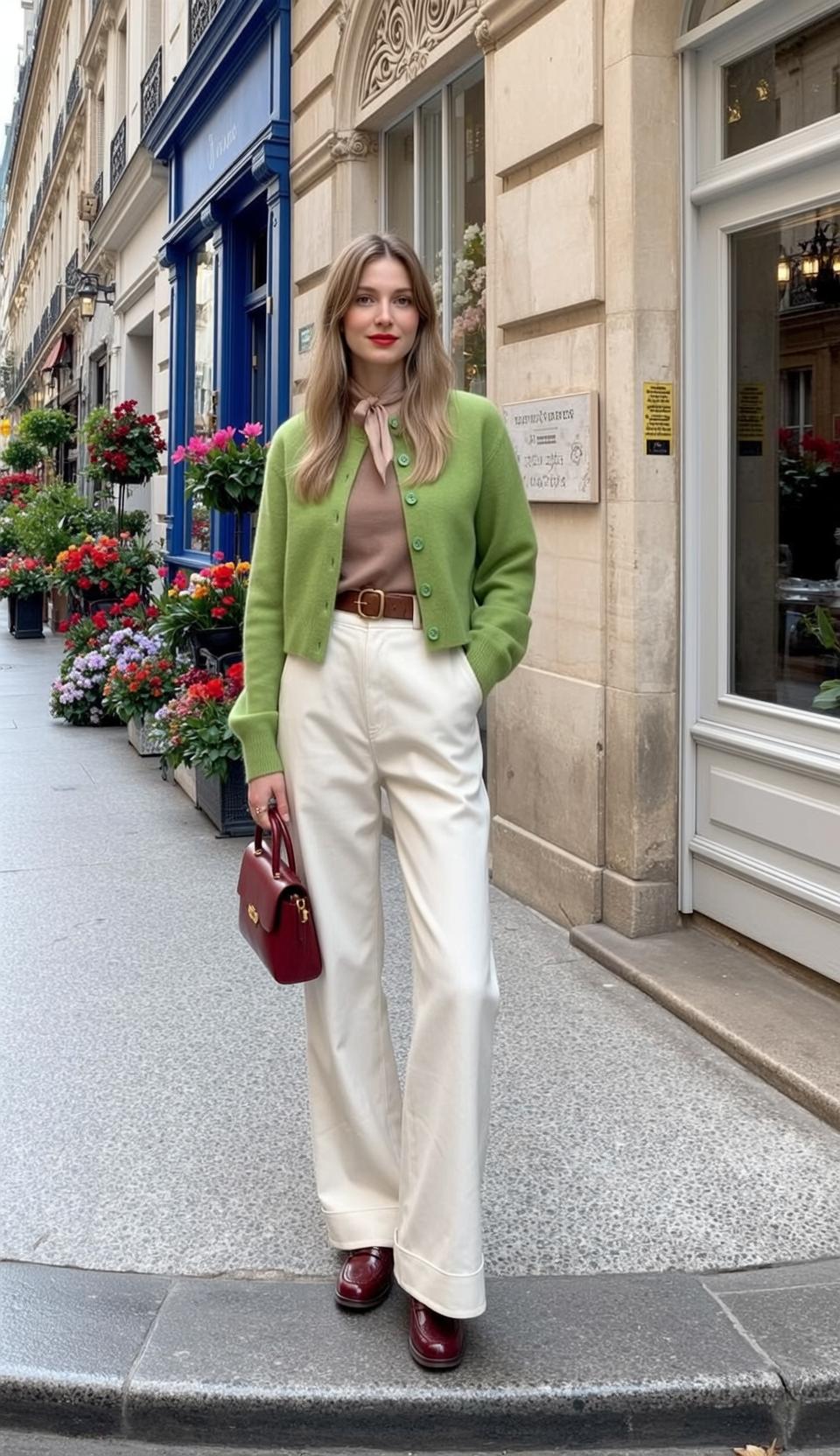 Green Cardigan Cream Trousers Portrait