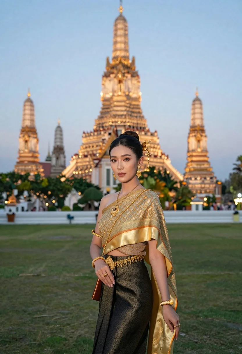 Woman Stands The Foreground Wearing Ornate Traditional Thai Outfit With