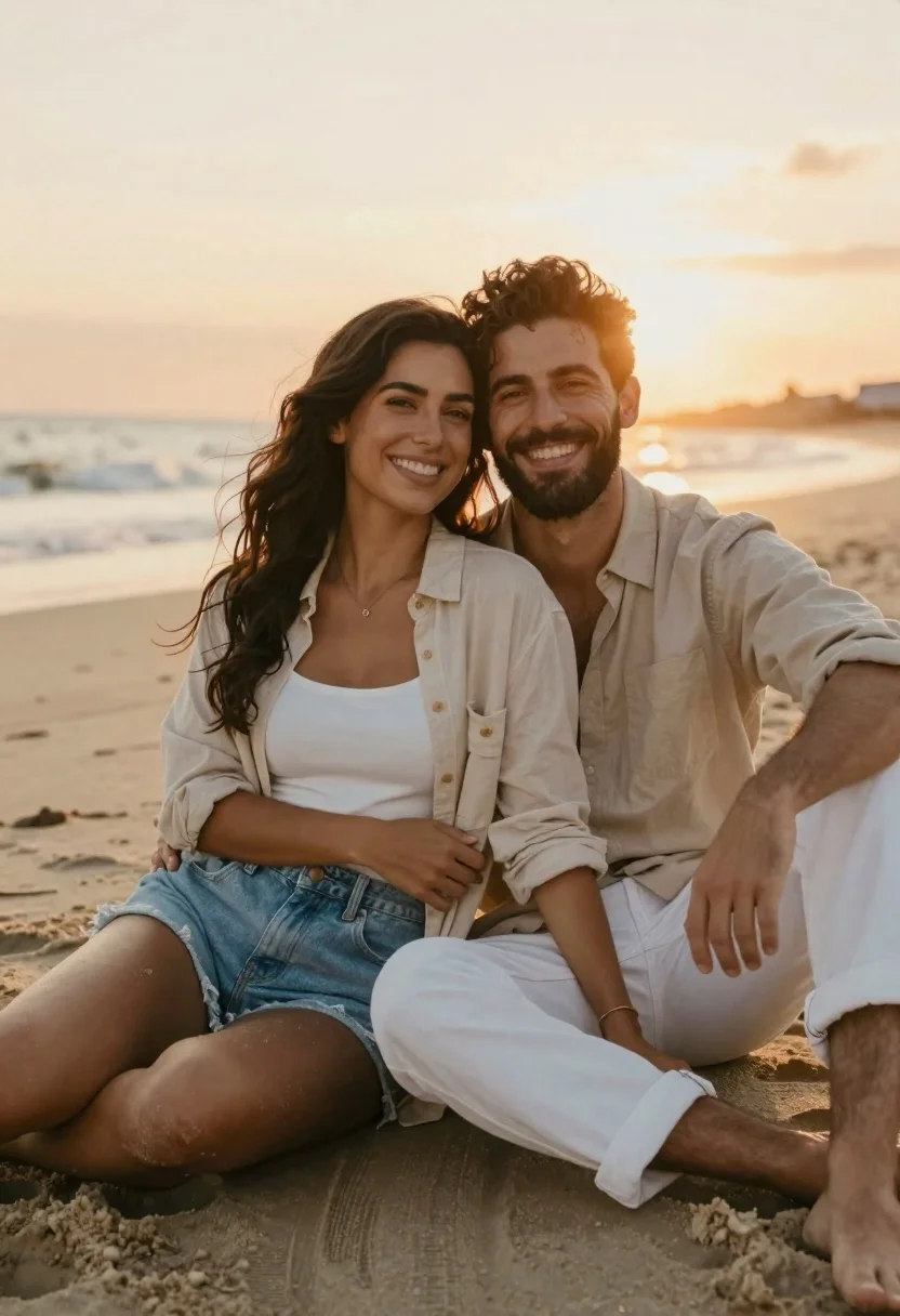 A romantic couple sitting closely together on a sandy beach at sunset, warm golden light creating a dreamy atmosphere.