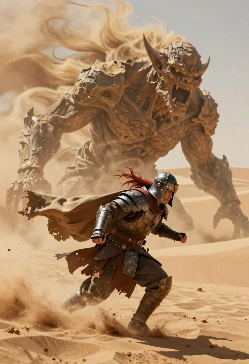 Digital Painting Dramatic Desert Battle Scene Featuring Armored Warrior Fleeing reference photo