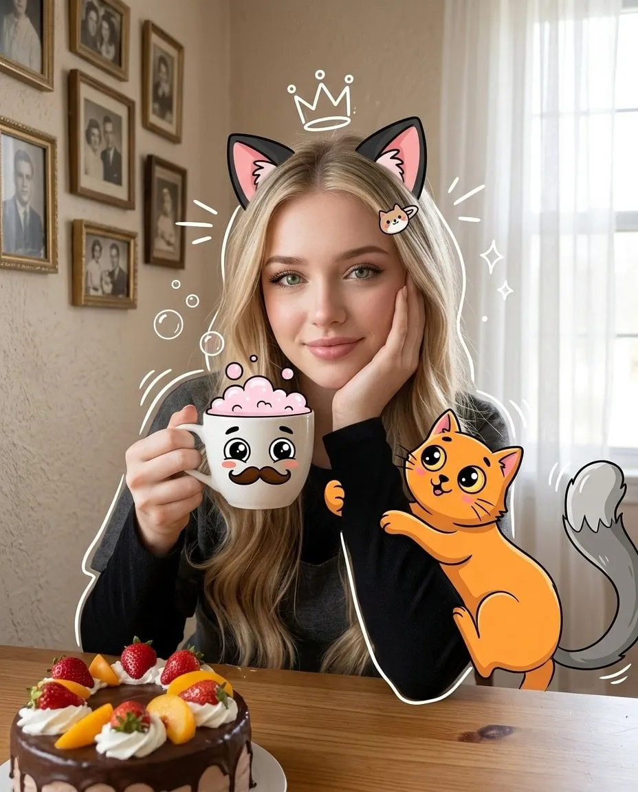 Cozy Whimsical Mixed Media Portrait With Cat Ears