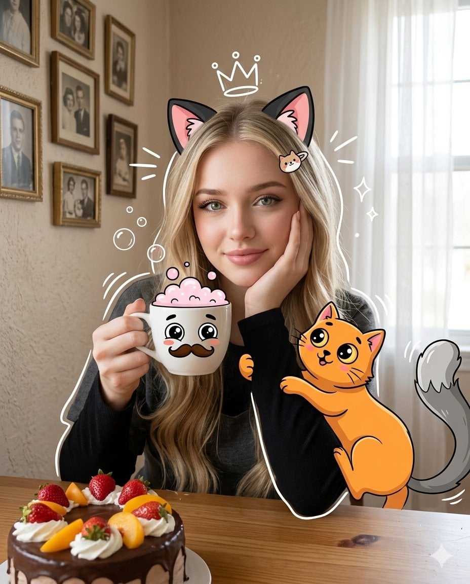 Cozy Whimsical Mixed Media Portrait With Cat Ears